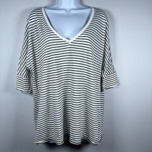 Sundance Womens Striped Top Size M T Shirt Deep V Neck Cotton Olive Green White